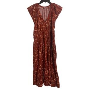 Old Navy  Floral Smocked Waist Midi Dress Rust Orange Flutter Sleeve L